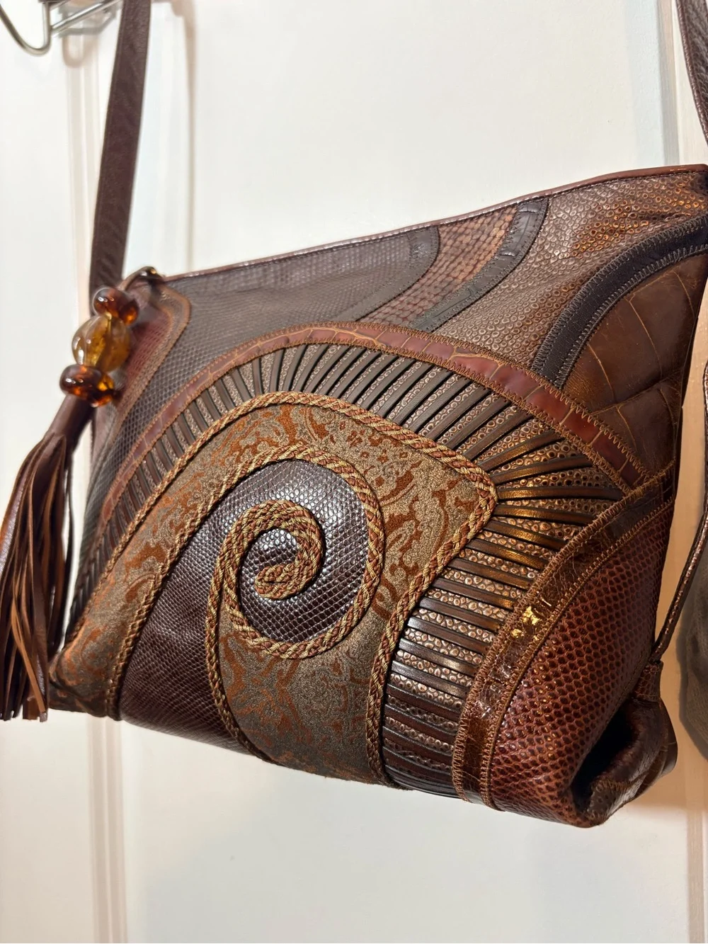 Vintage 80s Sharif Patchwork Leather Shoulder Bag Croc Snake Spiral